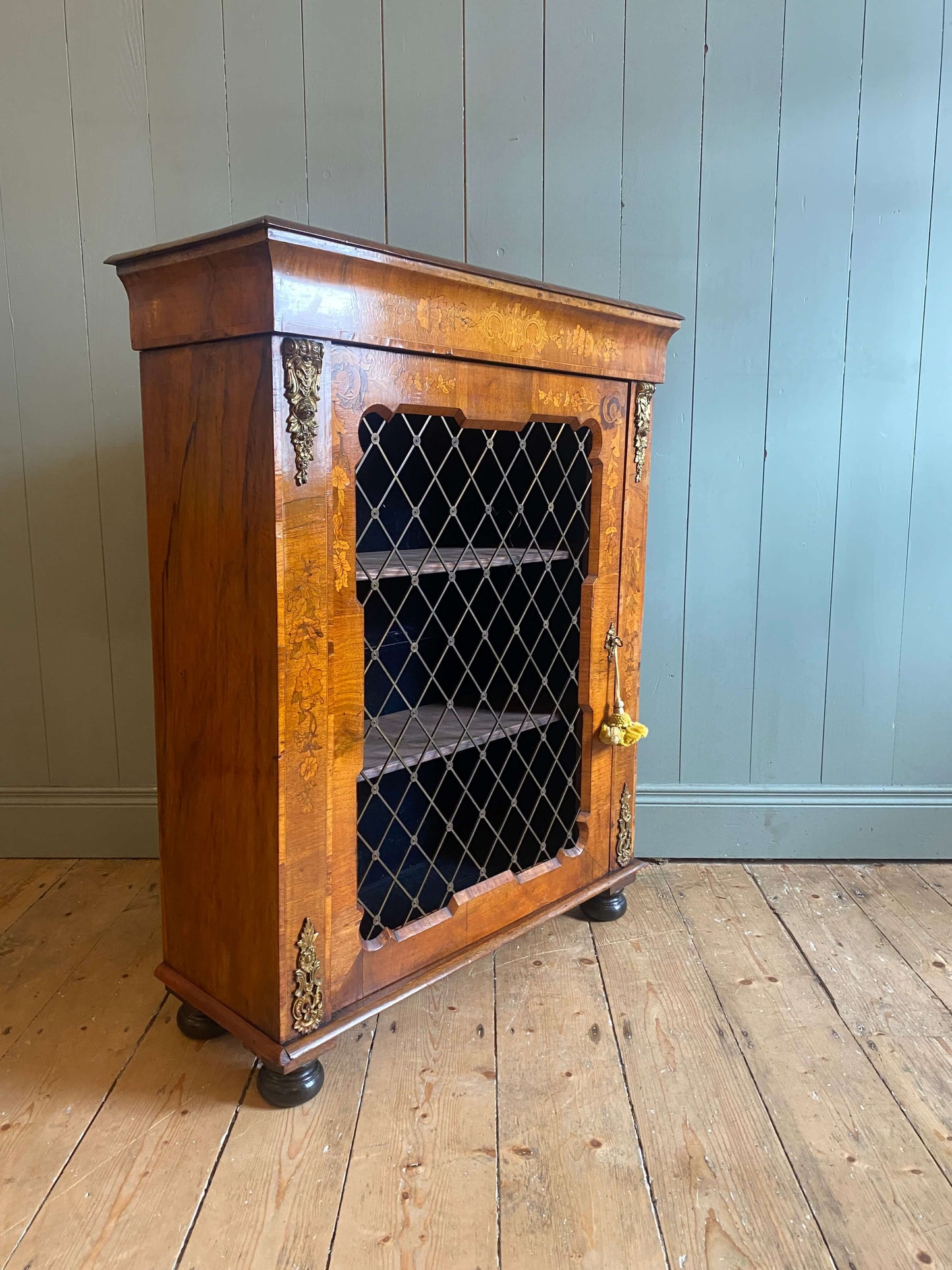 Victorian Burr Walnut & Floral Inlaid Pier Cabinet