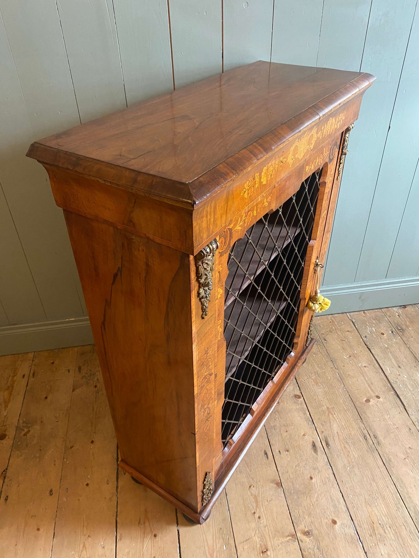 Victorian Burr Walnut & Floral Inlaid Pier Cabinet
