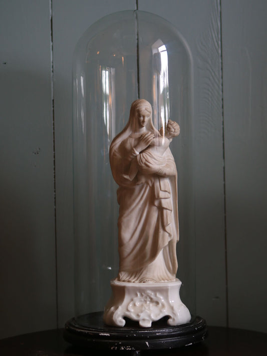 Vintage French Mother and Child Ceramic Glass Domed Figure