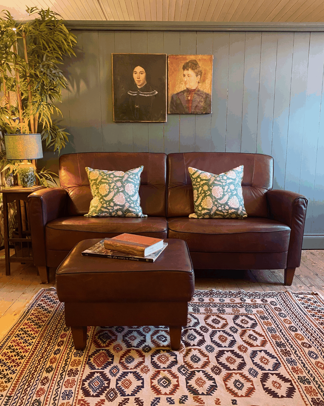 Vintage Leather two-seat sofa and footstool