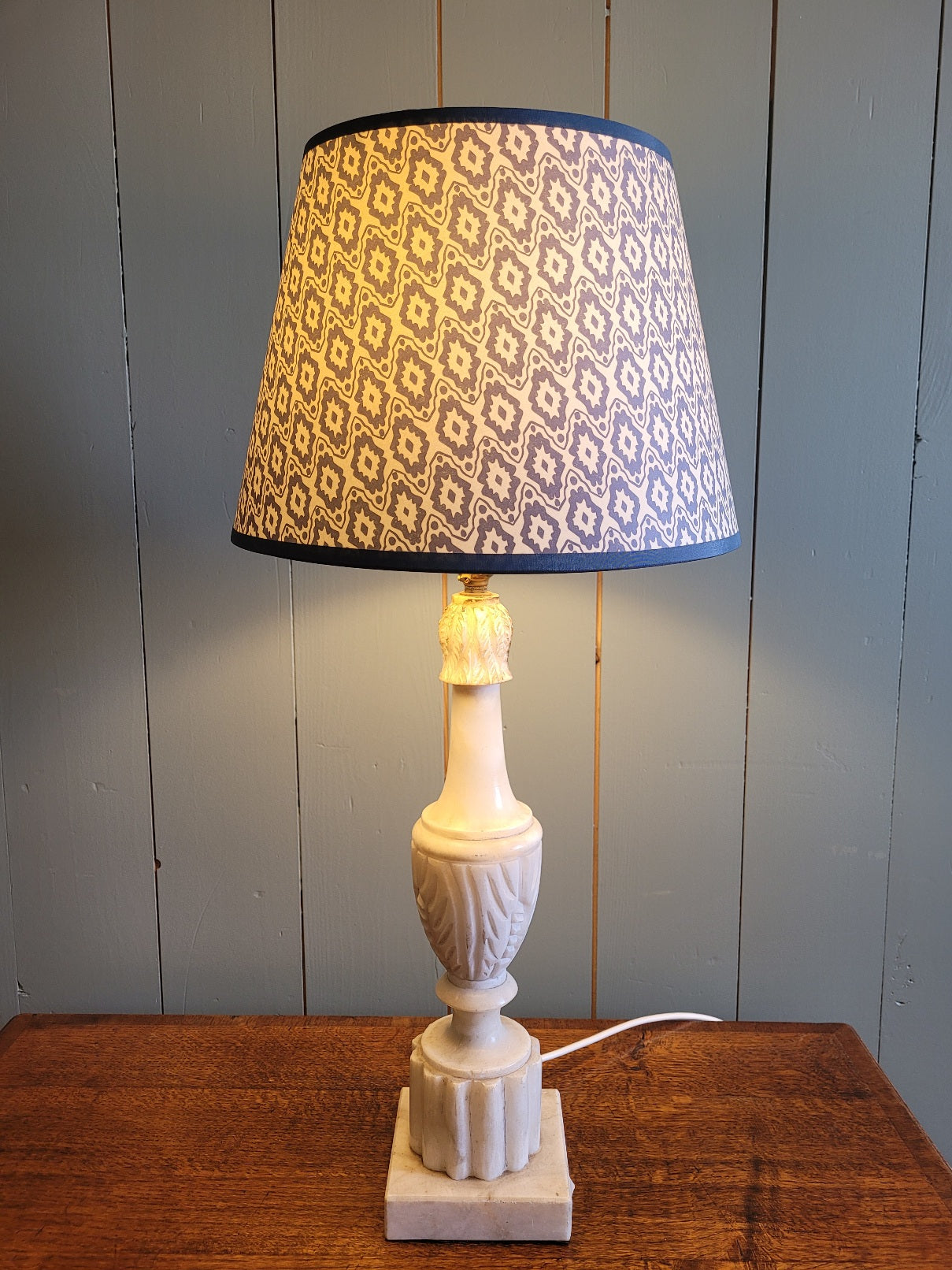 Vintage Alabaster Base Table Lamp with Hand Printed Shade