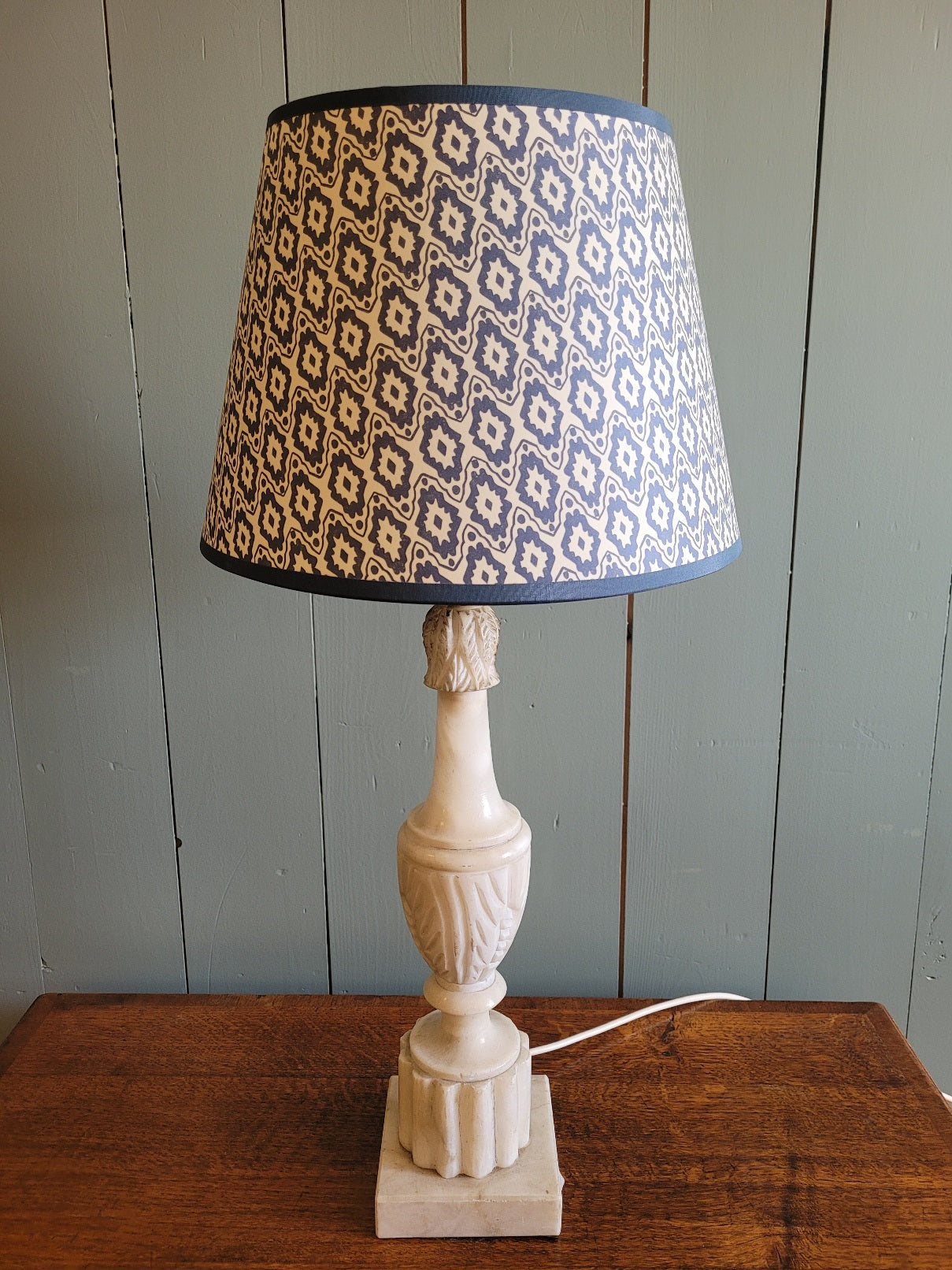 Vintage Alabaster Base Table Lamp with Hand Printed Shade