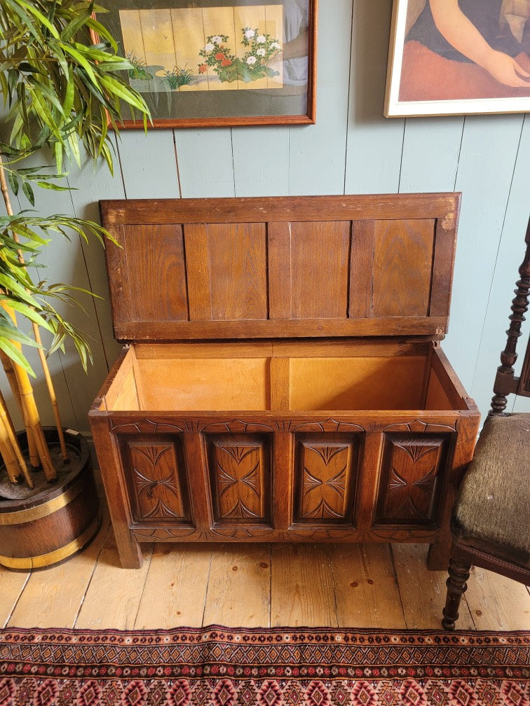 Vintage Carved Oak Coffer / Blanket Box