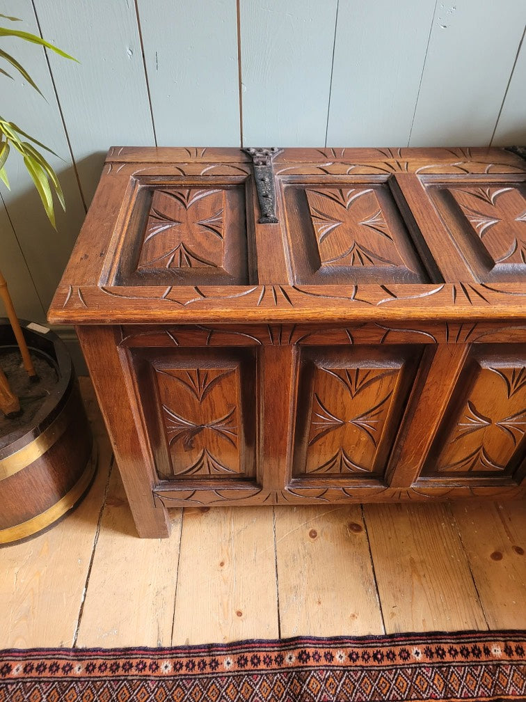 Vintage Carved Oak Coffer / Blanket Box