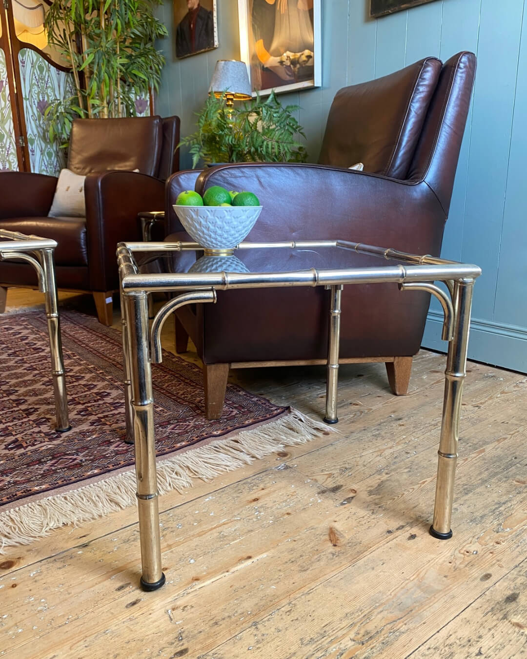 3-Piece Set Of Vintage Faux Bamboo Smoked Glass Tables