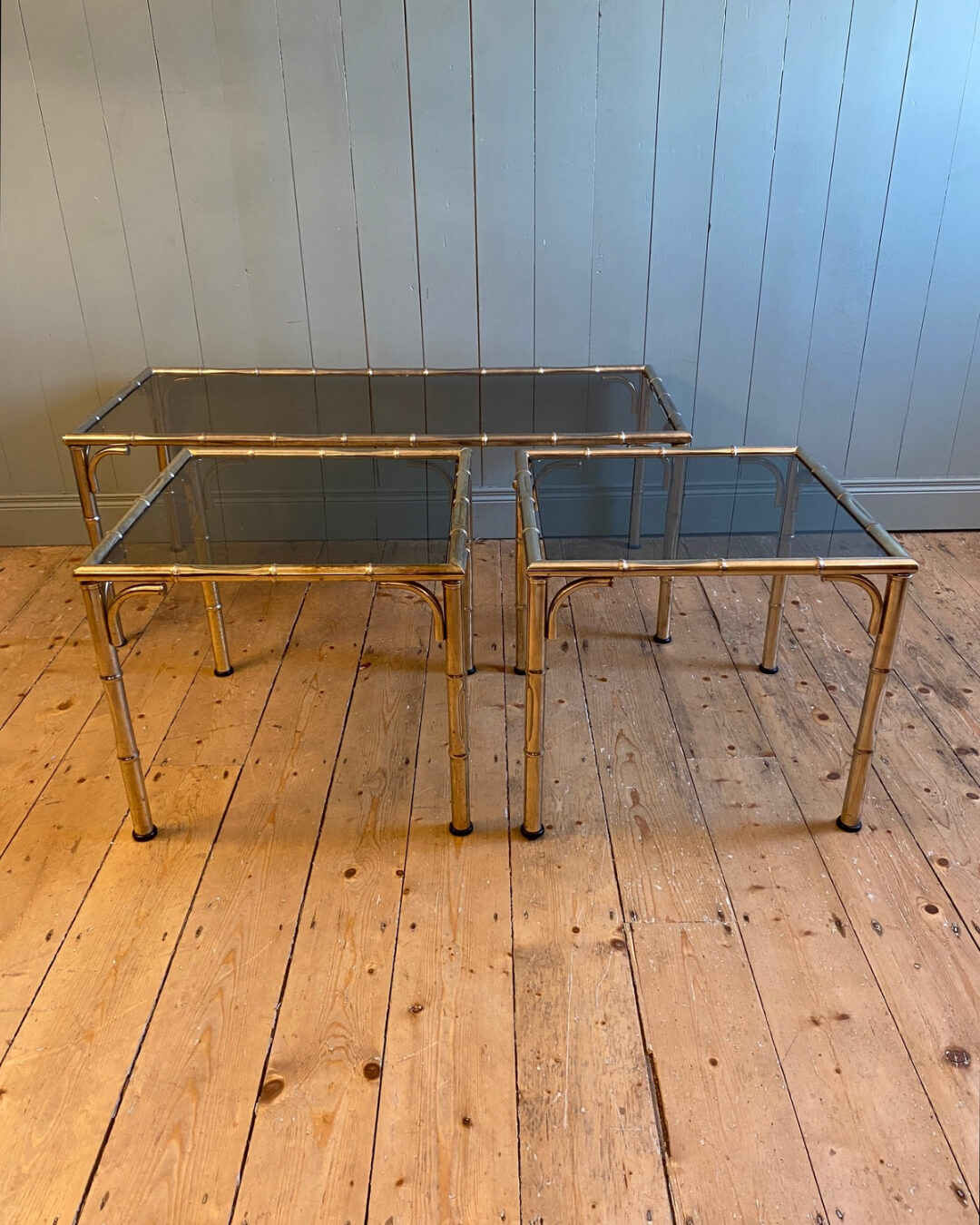 3-Piece Set Of Vintage Faux Bamboo Smoked Glass Tables