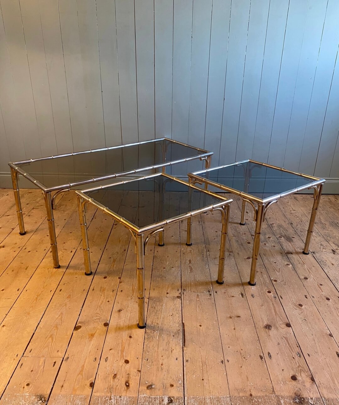 3-Piece Set Of Vintage Faux Bamboo Smoked Glass Tables