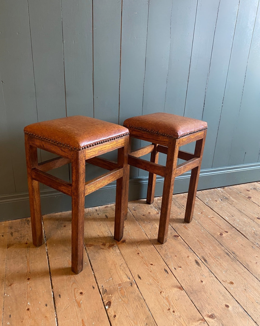 Pair Arts and Crafts Oak Stools