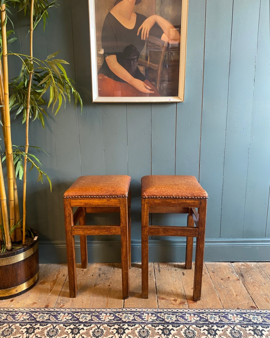Pair Arts and Crafts Oak Stools