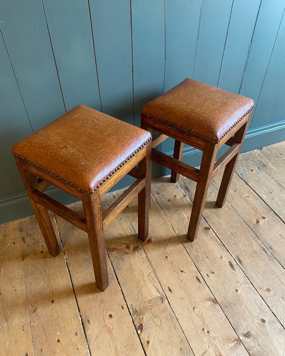 Pair Arts and Crafts Oak Stools