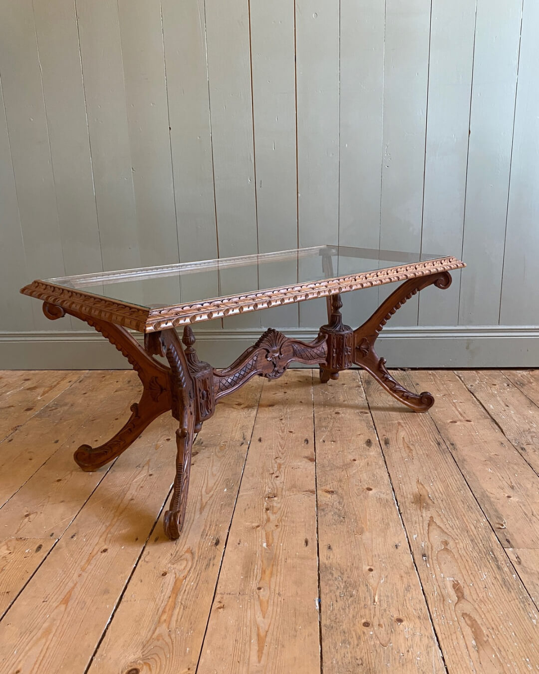 French Carved Oak & Glass Coffee Table