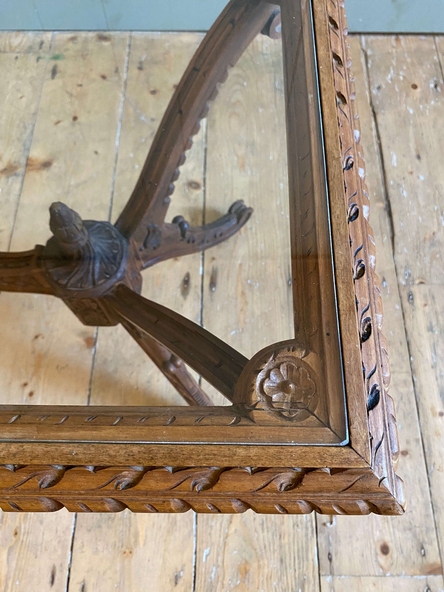 French Carved Oak & Glass Coffee Table