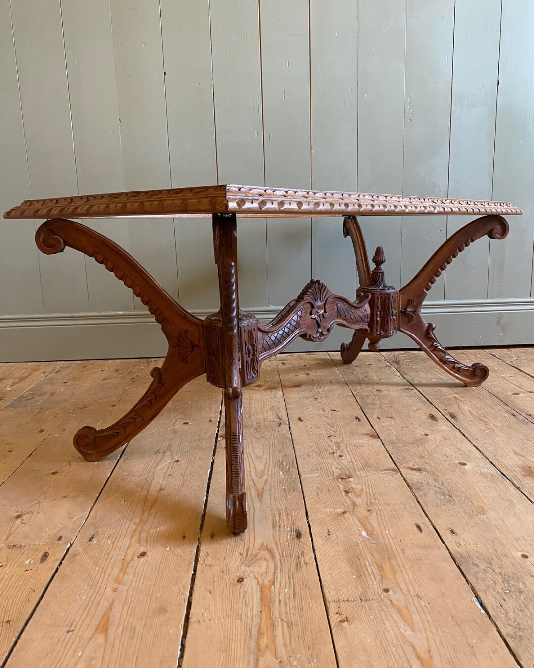 French Carved Oak & Glass Coffee Table