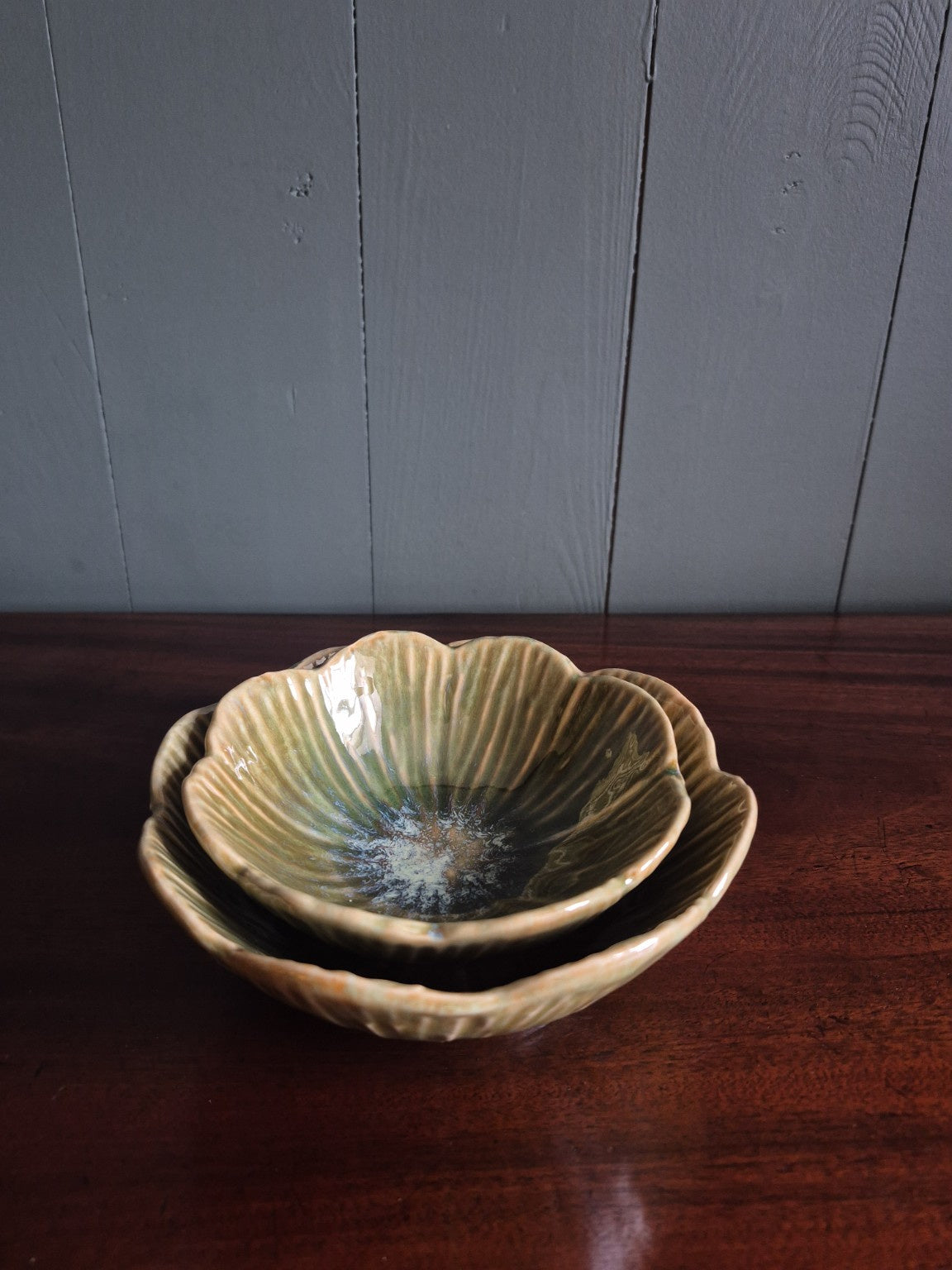 Green Scalloped Stoneware Bowls