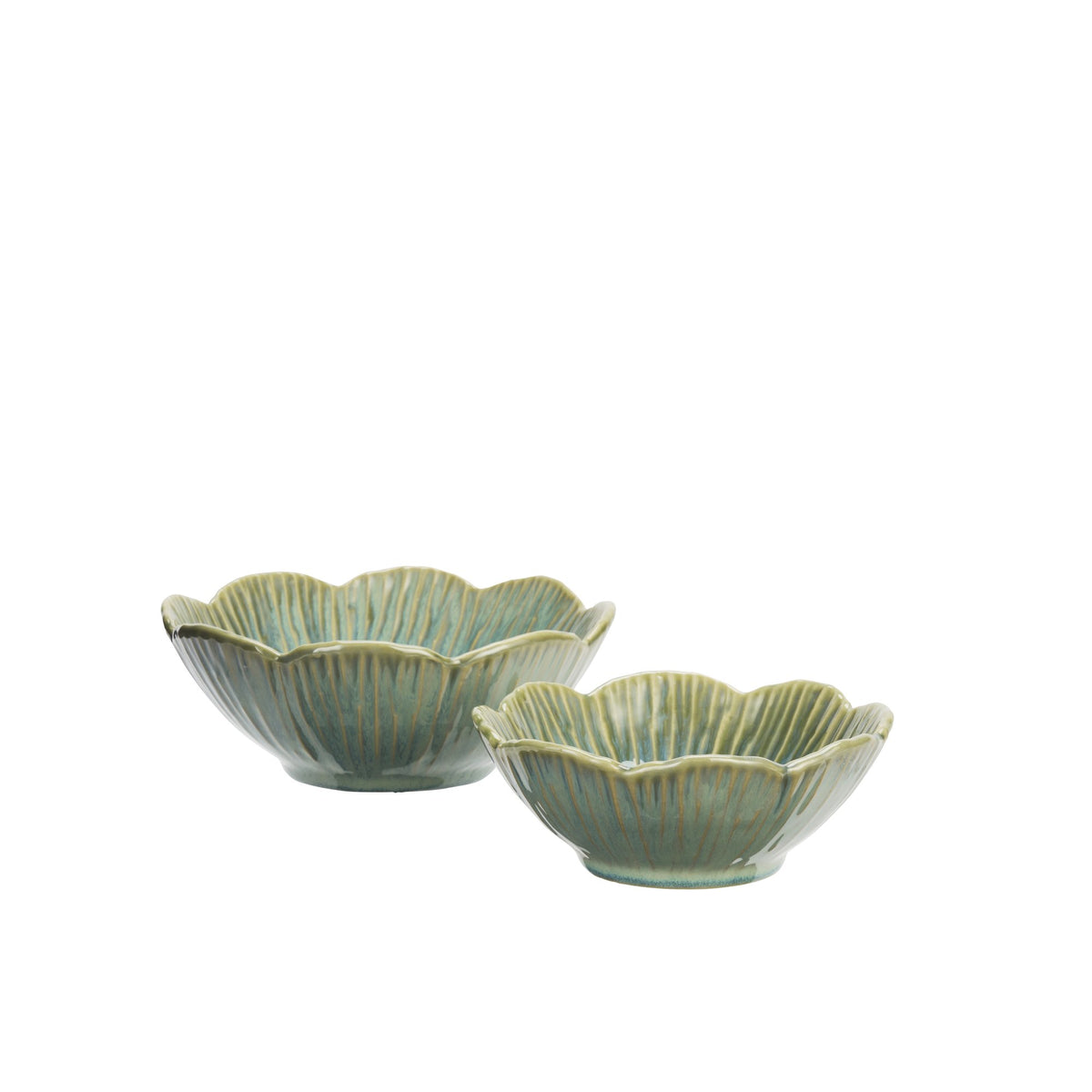Green Scalloped Stoneware Bowls Set Of Two