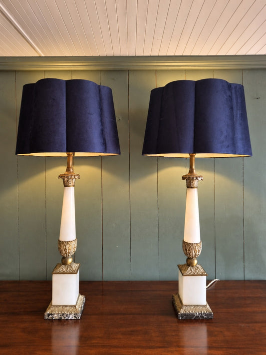 Pair of French Alabaster, Marble and Brass Lamps