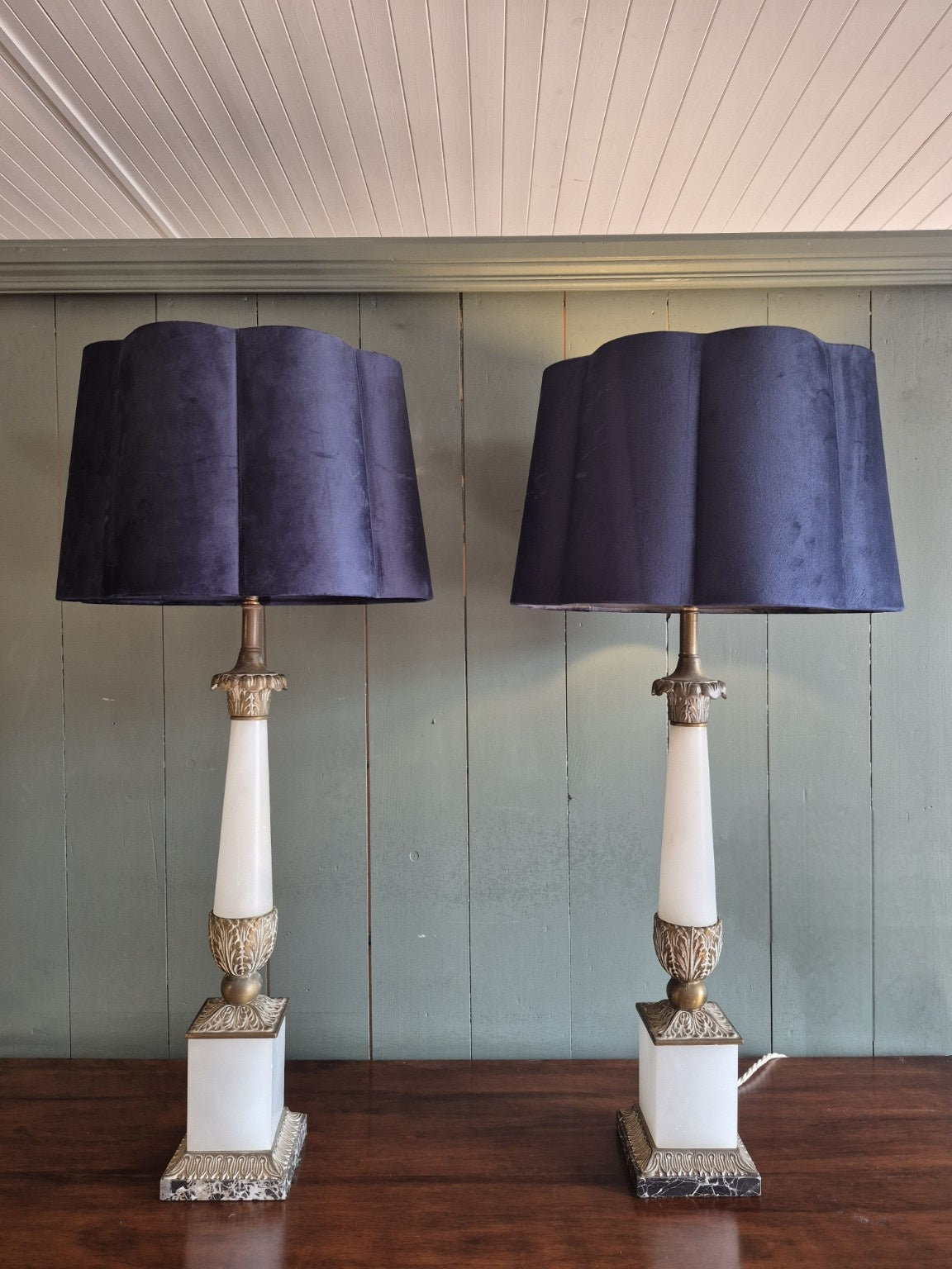 Pair of French Alabaster, Marble and Brass Lamps