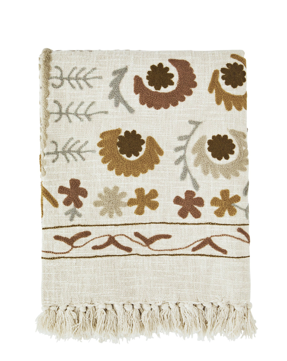 Suzani Embroidered Cotton Throw Off White Brown