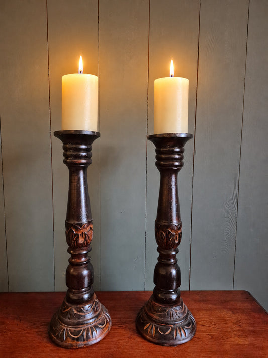 Pair of Vintage Carved Oak Candle Holders
